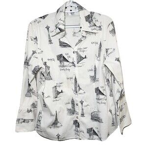 Mishca Travel Landmark Print Button Front Shirt Blouse XL Cotton Novelty Stretch